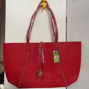 Badgley Mischka Red Vegan Leather Tote with Gold-tone Chain Link Hardware - NWT
